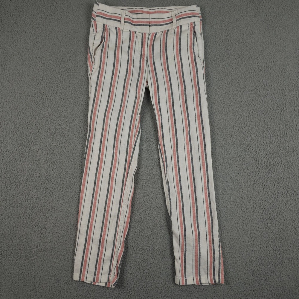 LOFT Pants Womens 00 Pink Black Striped Linen Blend Straight Casual Coastal